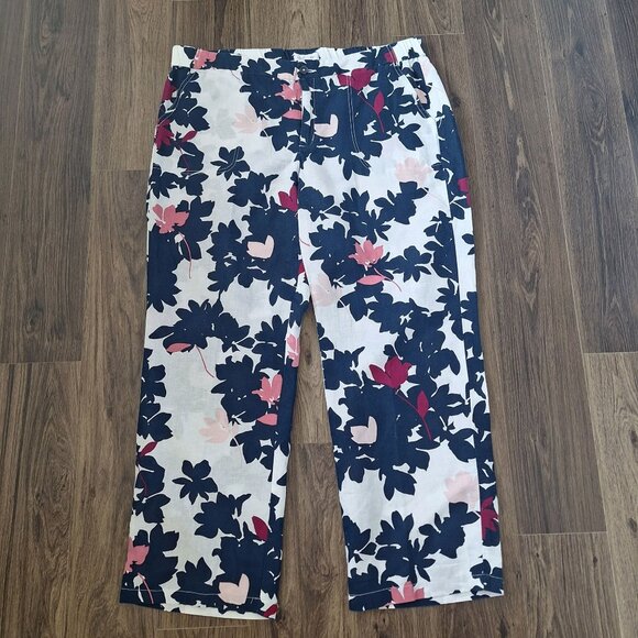 💙 Liz Claiborne Floral Wide Leg Elastic Waist Pants Size XL/2X Casual Linen Ble - Picture 1 of 8